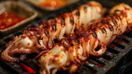 A succulent grilled squid sizzling on a hot barbecue grill, charred to perfection and served with a side of spicy dipping sauce.の素材