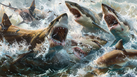 A shark feeding frenzy in shallow waters, with multiple sharks thrashing and splashing as they devour their prey.の素材