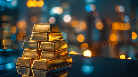 A stack of gold bars with a reflection of city lights in the background, representing the intersection of wealth and urban life.の素材