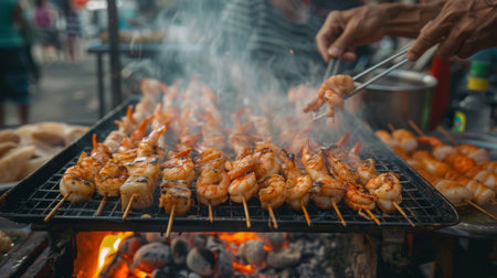 A street food vendor grilling shrimp skewers on a portable barbecue grill at a bustling market, with rows of skewers cooking over hot coals.の素材