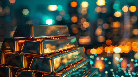 A stack of gold bars with a reflection of city lights in the background, representing the intersection of wealth and urban life.の素材