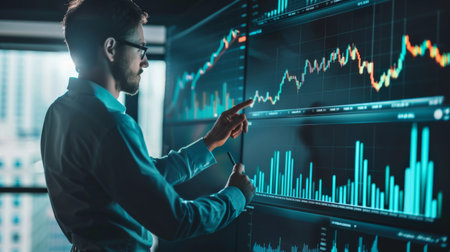 A stock market analyst presenting a quarterly report with stock market graphs and performance metrics to company executives in a conference room.の素材