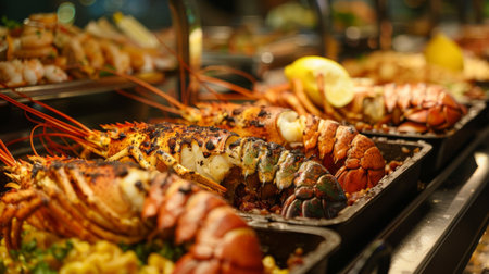 A seafood buffet featuring a variety of lobster dishes, including grilled tails, lobster macaroni and cheese, and lobster thermidor.の素材