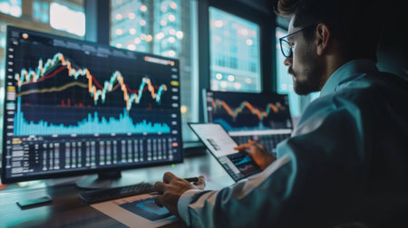 A stock market analyst presenting a quarterly report with stock market graphs and performance metrics to company executives in a conference room.の素材