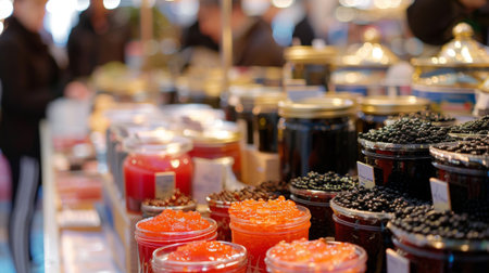 A seafood market stall showcasing jars of black and red caviar, with customers sampling the luxurious delicacy before purchaseの素材