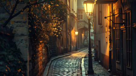 A vintage-style streetlight illuminating a cobblestone alleyway, adding charm and ambiance to a historic urban neighborhood.の素材