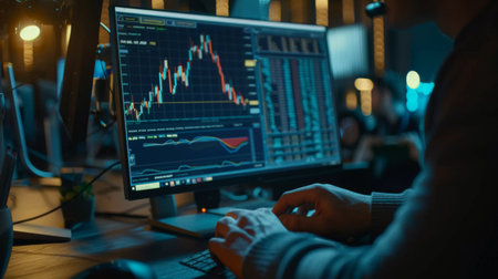 A trader analyzing stock market graphs and charts on a desktop computer, monitoring market trends and making trading decisions in real-time.の素材