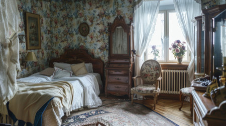 A vintage-inspired bedroom with antique furniture, floral wallpaper, and lace curtains, evoking a sense of nostalgia and charm.の素材