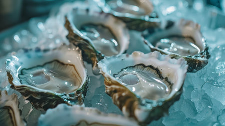 Close-up of fresh oysters on ice, showcasing their succulent texture and briny aroma, ready to be enjoyed as a delicacyの素材