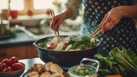 A woman preparing a healthy and nutritious shabu-shabu meal at home, choosing fresh ingredients and simmering them in a savory broth.の素材