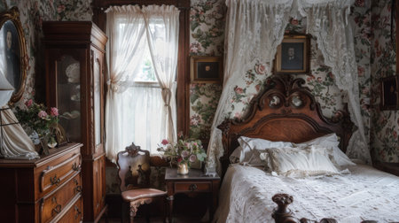 A vintage-inspired bedroom with antique furniture, floral wallpaper, and lace curtains, evoking a sense of nostalgia and charm.の素材