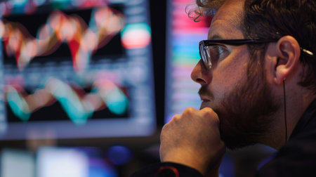 A trader monitoring stock market graphs on a computer screen, analyzing price movements and trading volumes for profitable opportunities.の素材
