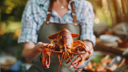 A woman holding a cooked lobster with a bib and seafood utensils, ready to crack open the shell and enjoy the sweet, succulent meat inside.の素材