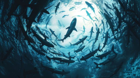 Sharks circling a bait ball in open ocean waters, illustrating their role as apex predators in the marine food chain.の素材