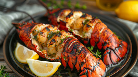 Lobster tails grilled to perfection and served with lemon wedges and herb-infused butter, ready to be enjoyed as a gourmet meal.の素材