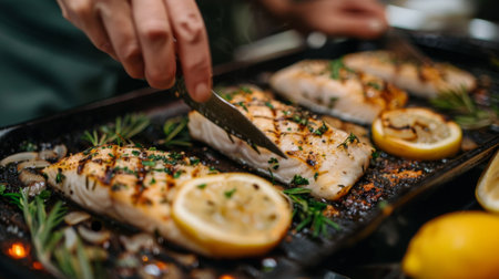 A woman cooking a healthy dinner of grilled fish steaks with lemon and herbs, showcasing her culinary skills and dedication to wellness.の素材