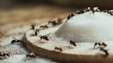 Ants gathering around a sugar bait trap in a kitchen, highlighting the challenges of pest control and prevention in households.の素材
