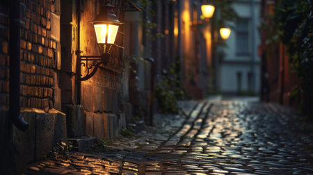 A vintage-style streetlight illuminating a cobblestone alleyway, adding charm and ambiance to a historic urban neighborhood.の素材