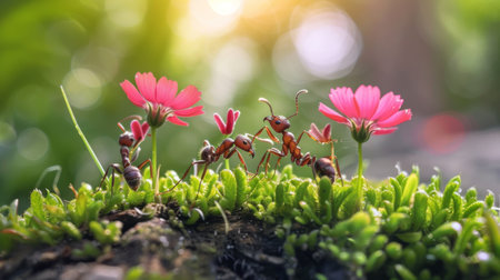 Ants carrying flower petals to their nest, showcasing their role as essential pollinators in maintaining ecosystem biodiversityの素材
