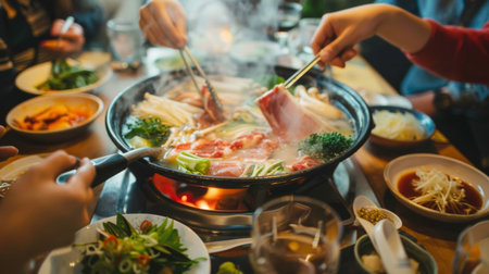 Friends gathering around a steaming hot pot of shabu-shabu, eagerly dipping thinly sliced meats and fresh vegetables into the bubbling broth.の素材