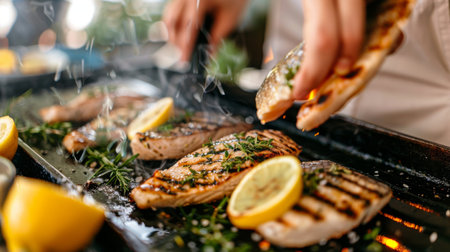 A woman cooking a healthy dinner of grilled fish steaks with lemon and herbs, showcasing her culinary skills and dedication to wellness.の素材