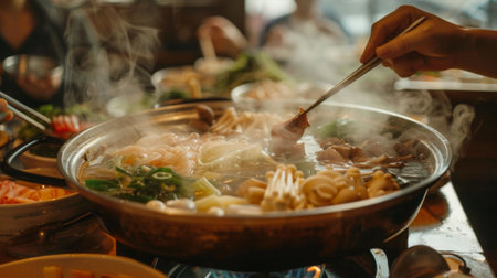 Friends gathering around a steaming hot pot of shabu-shabu, eagerly dipping thinly sliced meats and fresh vegetables into the bubbling broth.の素材