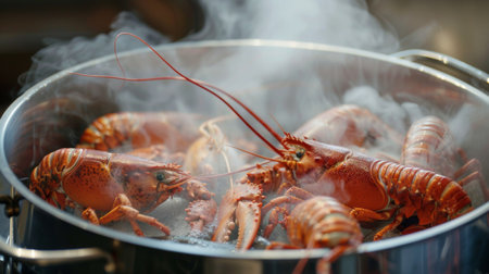 Lobster tails being steamed in a large pot, with aromatic steam rising as the crustaceans cook to tender perfection.の素材