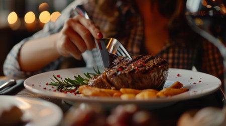 A woman enjoying a hearty beef steak dinner at a cozy restaurant, cutting into the tender meat with a knife and fork.の素材