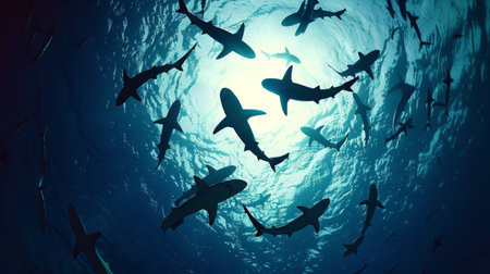 Sharks circling a bait ball in open ocean waters, illustrating their role as apex predators in the marine food chain.の素材