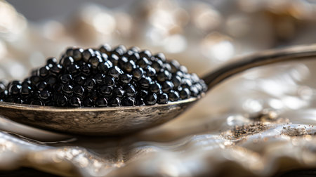 Close-up of black caviar pearls arranged on a mother-of-pearl spoon, showcasing the delicacy and luxury of this gourmet treat.の素材