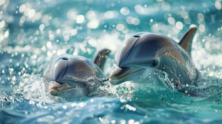 Dolphins playfully chasing each other in the ocean, their joyful squeals echoing across the water as they engage in social bonding.の素材