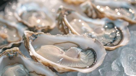 Close-up of fresh oysters on ice, showcasing their succulent texture and briny aroma, ready to be enjoyed as a delicacyの素材
