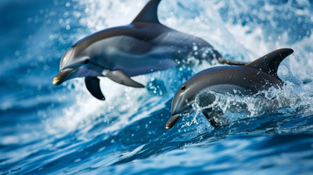 Dolphins playfully chasing each other in the ocean, their joyful squeals echoing across the water as they engage in social bonding.の素材