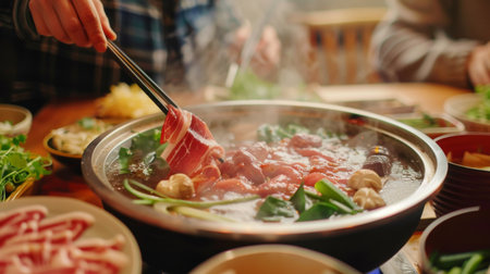 Friends gathering around a steaming hot pot of shabu-shabu, eagerly dipping thinly sliced meats and fresh vegetables into the bubbling broth.の素材