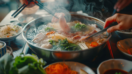 Friends gathering around a steaming hot pot of shabu-shabu, eagerly dipping thinly sliced meats and fresh vegetables into the bubbling broth.の素材