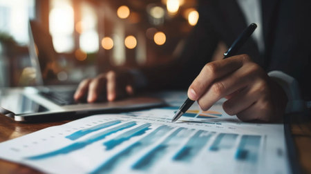 A hand holding a pen analyzing a printed business graph on paper, making strategic decisions based on market analysis and forecasts.の素材