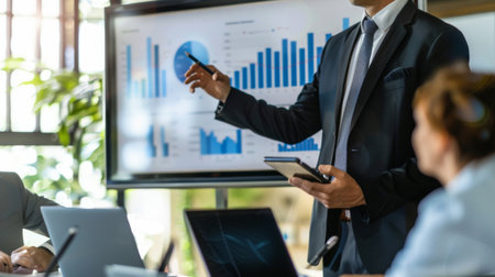 A financial consultant presenting a business graph to a group of investors, demonstrating growth potential and investment opportunities.の素材