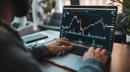 A businessman analyzing stock market graphs and financial data on a laptop, strategizing investment decisions in a home office setting.の素材