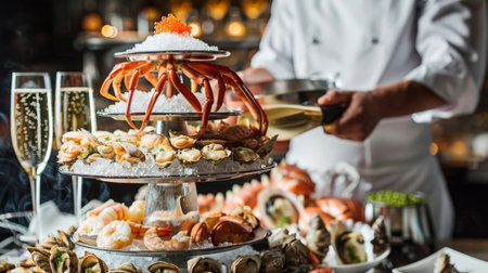 A chef preparing a gourmet seafood tower with layers of crab legs, lobster tails, and caviar-topped oysters, served with champagne.の素材