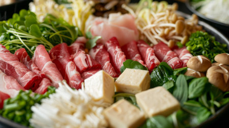 A close-up of assorted fresh ingredients for shabu-shabu, including thinly sliced meats, tofu, mushrooms, and leafy greens, ready to be cooked in a hot pot.の素材