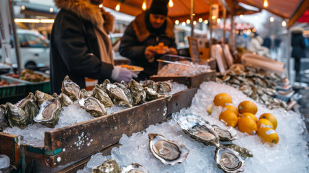 A seafood market stall showcasing a variety of freshly harvested oysters, displayed on ice for sale to discerning customers.の素材