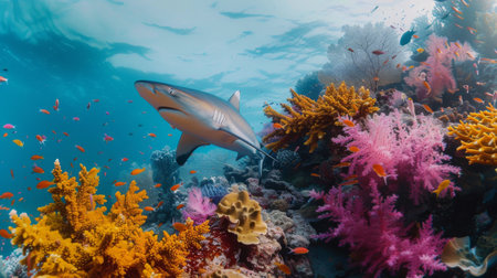 A shark swimming through a colorful coral reef ecosystem, illustrating the intricate balance of life in tropical ocean habitats.の素材