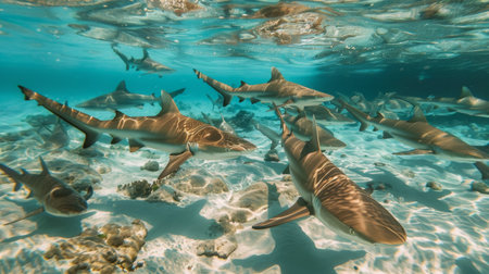A school of blacktip reef sharks patrolling the shallow waters of a tropical lagoon, showcasing their graceful movements and agility.の素材