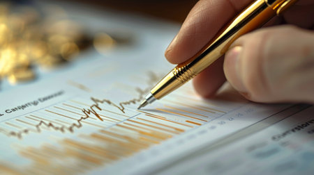 A hand holding a pen analyzing a printed gold price graph on paper, making investment decisions based on market analysis and forecasts.の素材