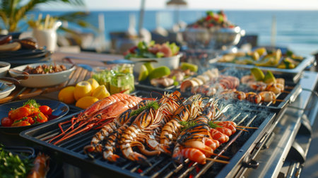A seafood barbecue buffet with grilled squid, shrimp, and lobster tails, served with a variety of sauces and accompaniments on a sunny terrace.の素材