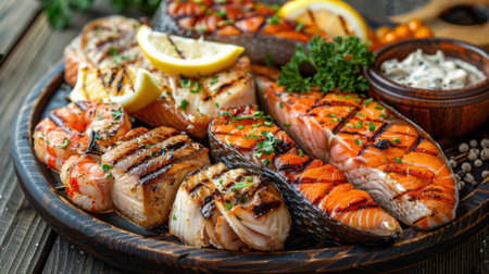 A seafood restaurant platter featuring a variety of grilled fish steaks, including salmon, tuna, and swordfish, served with lemon wedges and tartar sauce.の素材
