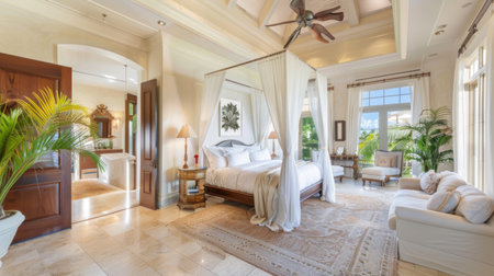 A spacious master bedroom with a canopy bed, sitting area, and ensuite bathroom, offering a luxurious and private retreat.の素材