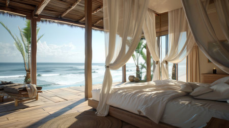 A serene beachfront bedroom with a canopy bed, flowing curtains, and panoramic views of the ocean for a tranquil retreat.の素材