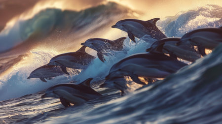 A pod of dolphins leaping gracefully out of the ocean waves, showcasing their playful and acrobatic nature.の素材