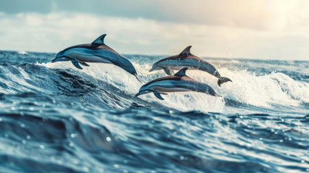 A pod of dolphins leaping gracefully out of the ocean waves, showcasing their playful and acrobatic nature.の素材